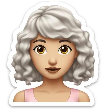 White woman with long black curly hair and bangs and dark brown eyes, wearing a pastel pink dress sticker