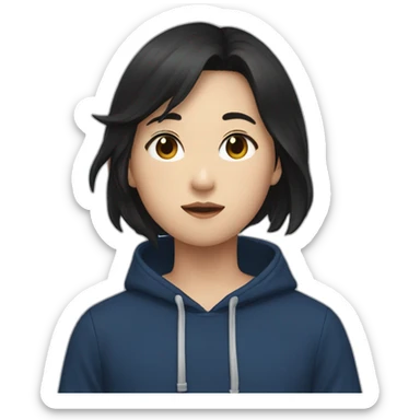 Asian boy with black hair and dark blue hoodie kissing girl with brown hair and black blouse sticker