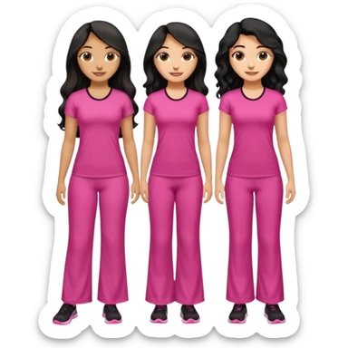 3 olive skin tone best friends. First one wearing pink gym attire modest with long black hair wavy. Second one wearing a pink fitted long maxi dress with curves long black hair and the last one wearing pink casual clothes with brown mid length hair similing looking glammed up  sticker