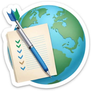 Create an emoji representing language translation. The design should feature a globe in the background, symbolizing international communication. In front of the globe, place two books or sheets of paper with texs on them and a pen nearby to indicate the act of writing. Add two simboloic arrows pointing in opposite directions between the sheets to represent the translation process. Use a clean and professional color palette with blues, greens, and neutral tones. Make the background transparent. sticker