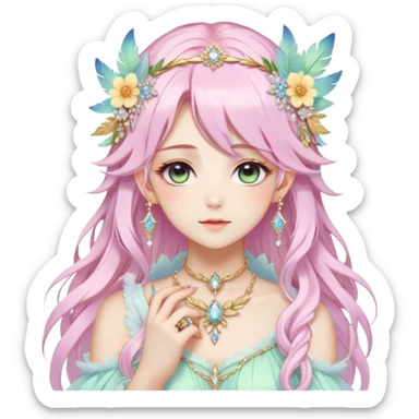 Beautiful gorgeous anime lady with beautiful pastel-special-hair, fashion aesthetic, ethereal, fairycore, pastelcore, feather, flower, crystals, accessories, gold jewelries, gold, colorful, gold laurel, gold halo, cottagecore,  sticker