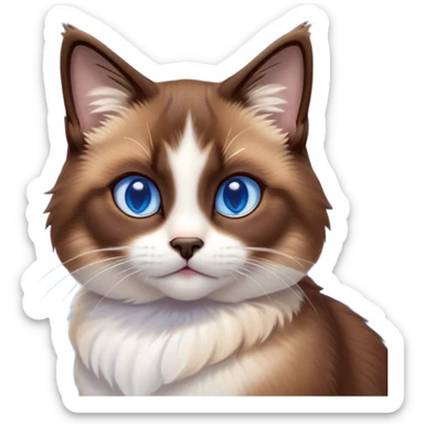 Cinematic Cute Brown Mantle Snowshoe Cat Portrait Emoji, Head tilted playfully and inquisitively, rich brown fur cascading over its back like a mantle, with soft white paws, chest, and face, striking icy-blue eyes brimming with curiosity, Simplified yet irresistibly adorable features, highly detailed, glowing with a warm, friendly glow, high shine, affectionate and lively, stylized with a touch of whimsy, bright and endearing, soft glowing outline, capturing the essence of a mischievous yet loving kitten, so playful it feels like it could pounce out of the screen and into your arms! sticker