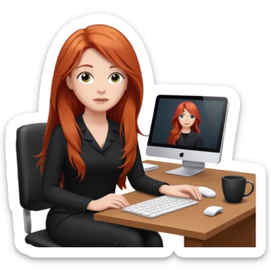 Video call therapy session: red-haired therapist with long hair wearing black minimalist clothing, seated in a professional home office, looking at the webcam; calm, modern teletherapy setting sticker