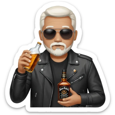 Un motero de perilla blanca tipo Quijote, gafas oscuras chupa de cuero y bebiendo de una botella de Jack Daniel's. sticker
