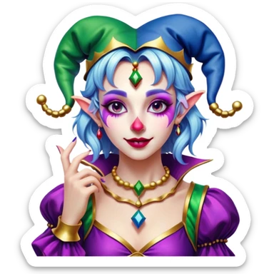 Cinematic girl in the style of a Jester, Ultra realistic 32k HD, Breathtaking piece of art, rim lighting, hauntingly beautiful art, vibrant colors, Balanced features, highly detailed digital artwork, glowing with silver light, glowing, high shine, deviant adoptable, highly detailed clothing, remembrance, a painting of white silver, fanciful, enchanting, ghostly, embodying the essence of both reality and fantasy, dreamy, dreamy glow, optical illusion, immaculate composition, complex pose, air composition. The image is so lifelike that it feels as though it could leap off the canvas at any moment sticker