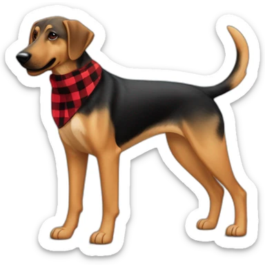 adult 75% Coonhound 25% German Shepherd mix dog with visible tail wearing small pointed red buffalo plaid bandana full body walking left quickly sticker