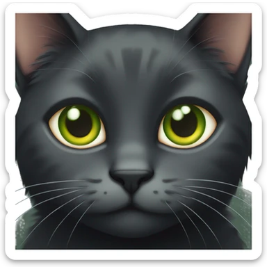 Black cat with grey stripes green eyes and and orange nose sticker