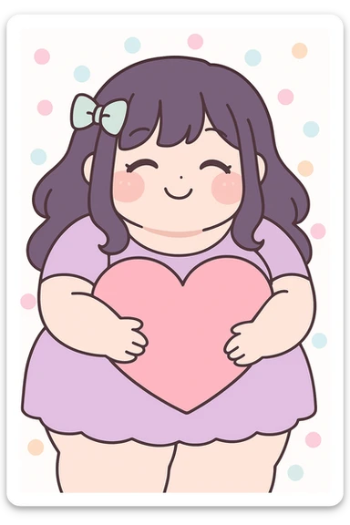 bbw anime girl with closed eyes and a joyful smile, hugging a large heart, pastel colors, kawaii anime style sticker