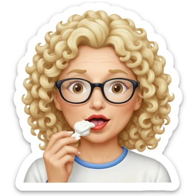 Middle aged woman with blonde curly hair with glasses licking white sour cream off her lips sticker