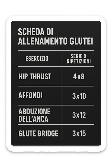 scheda di allenamento glutei in italiano con le reps scritte (tipo 4x8 ecc), iperrealistico 4k sticker