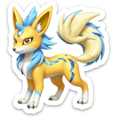 Feral Lightning-patterned Zig-zagged buzzy fuzzy Meloetta-Renamon-Zeraora-Luxray-Cobalion-Suicune-Vernid-fusion-hybrid-creature, full body  sticker