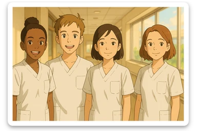 Group of four nursing students in Ghibli style, wearing white short-sleeved medical tunics with V-neck collars and left chest pockets, made of light fabrics. Warm atmosphere, bright hospital background, faces inspired by attached photos, no stethoscopes or visible underwear. sticker