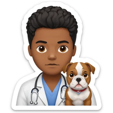 joven médico con el pelo un poco largo pero no tanto y lacio, que tenga un estetoscopio de color de piel tez negra calida !!! que sostiene un bulldog francés blanco sticker