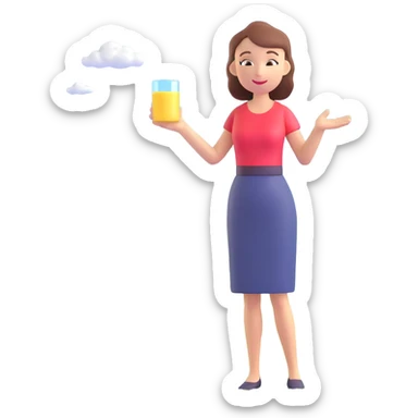 woman demonstrating a product to customers outdoors, with a sunny sky and green grass sticker