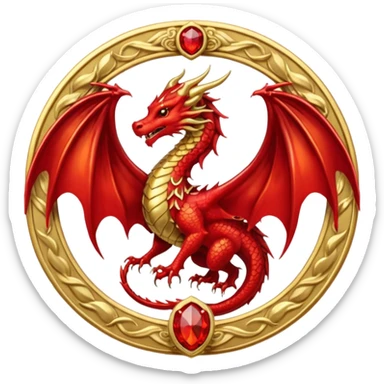 Golden Dragon with wings crest/brosch in a circle with red gems sticker