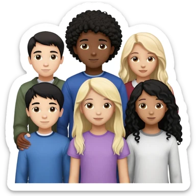 Group of diverse friends standing together, including a dark-skinned boy with straight hair, a light-skinned boy with straight blonde hair, a light-skinned girl with straight black hair, a mixed-race girl with straight brown hair, a light-skinned boy with wavy black hair, a mixed-race girl with dark curly hair, and in the center a light-skinned girl with wavy brown hair sticker