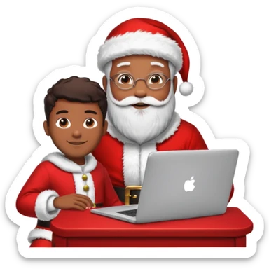 Jeune développeur homme de teint noir, assis devant un ordinateur portable affichant du code, dans une ambiance de week-end festive. À côté de lui se tient le Père Noël, souriant, portant sa tenue traditionnelle rouge et blanche.  sticker