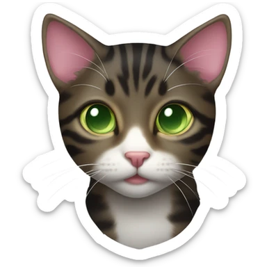 Black brown tabby cat with pink nose green eyes and white chest sticker