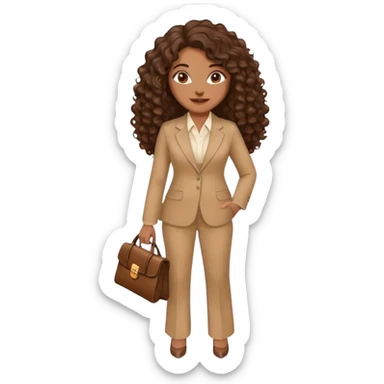 dark brown smiling woman with medium brown long curly hair with middle part and an executive tan pant suit  sticker