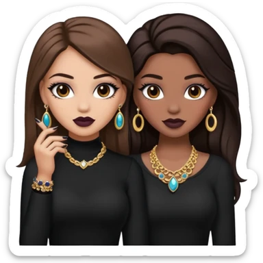 Boujy baddie best friends, trendy heavy makeup both dark hair one light skinned and one mocha brown pretty hair style both wearing black and jewelery  sticker