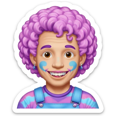 very cheerful colorful puffy violet curly haired man made out of cotton candy wearing teeth-braces and tattoos and face tattoos just face  sticker
