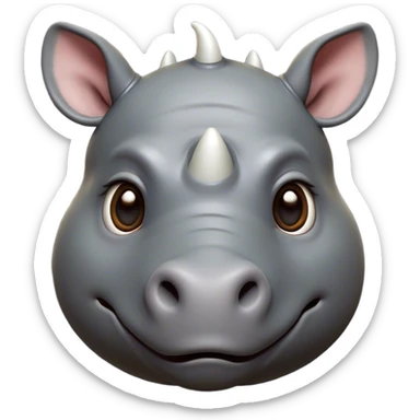 Cinematic Cute Rhinoceros Portrait Emoji, Head tilted playfully and inquisitively, featuring a rugged, glossy slate-gray hide with a gentle, rounded horn and round, sparkling eyes filled with curious wonder, Simplified yet irresistibly adorable features, highly detailed, glowing with a warm, friendly glow, high shine, affectionate and mighty, stylized with a touch of ancient charm, bright and endearing, soft glowing outline, capturing the essence of a mischievous yet loving rhinoceros, so playful it feels like it could stomp out of the screen and into your arms! sticker