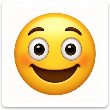 Create a yellow smiley face emoji with a similar facial expression to the reference image. It should have wide eyes, raised eyebrows, a big smile, and a shiny, smooth appearance. Add a slight blush to the cheeks. The style should resemble the iOS emoji style. sticker