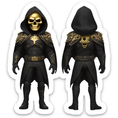 Bounty Hunter Boss with black cape and a perfect gold skull jaw mask from death Stranding, full body view sticker