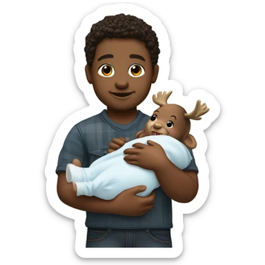 Live moose holding a lifelike boy baby doll sticker