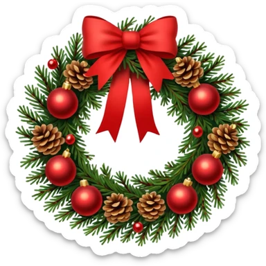 A Christmas wreath made entirely of fir trees, decorated with a single red bow at the bottom, pine cones, and Christmas tree balls. sticker