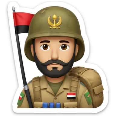 A very tired and sad, swarthy Iraqi soldier with a beard, an Iraqi flag on his helmet, a sad expression and bags under his eyes sticker