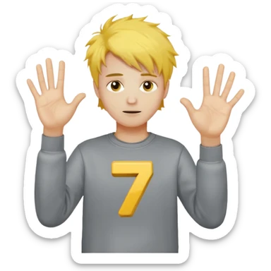 Make a guy in a grey sweatshirt and yellow messy hair hold his hands out one hand holding 6 the other holding 7 sticker
