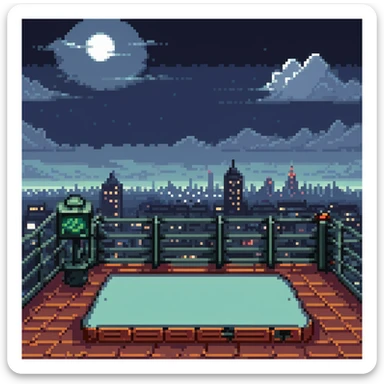 Pixel art rooftop at night, helipad, fence, distant city lights, glowing billboard, cloudy sky, 9:16 vertical scene, side view, retro 2D fighting game background
 sticker