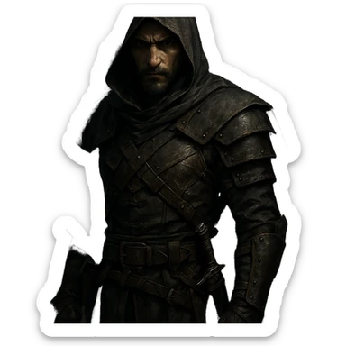 male assassin, hooded cloak, leather armor, shadowy, intense look, fantasy style, detailed, cinematic lighting sticker