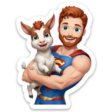 Full body Adult Superman Blue Eyes Scruffy Redish hair and redish trimmed Beard Muscle happy holding a happy laughing blue small goat  sticker