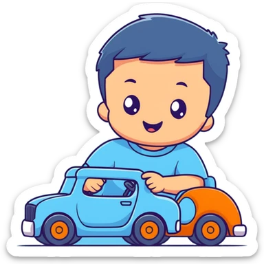 cute toddler boy with pastel blue clothes playing with a blue toy car sticker