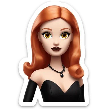  Bunny Wednesday Addams Barbie dancing.  Cute eye makeup face. Longer red hair. black flowing strapless tight evening gown with  plunging neckline that’s off-the-shoulders that also shows her legs and black shiny velvet high heel shoes. sticker