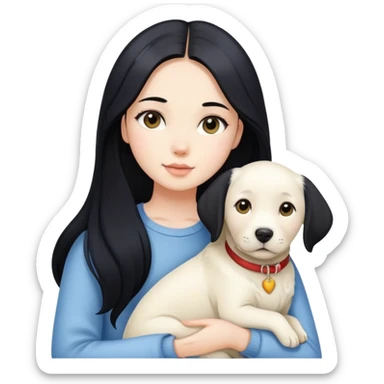 A beautiful girl with long black hair and fair skin is holding a white Labrador sticker