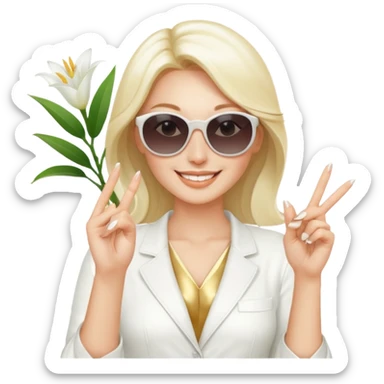 Professional sexy woman smiling holding lilies posing in shades  and flashing peace sign fingers sticker