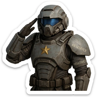 Update the armor to match the authentic Helldiver armor from Helldivers 2, including the correct helmet shape, chest plate, and color scheme, keeping the heroic salute pose, no background. The style should reflect the detailed sci-fi military armor design of Helldivers 2 with accurate colors and shapes. sticker