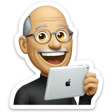 Steve jobs laughing holding an iPad sticker