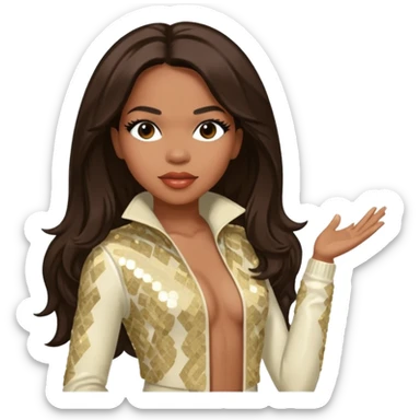 Tenitra Michelle Williams (b.1979) from Destiny's Child with medium dark skin, long dark brown hair, cream sequin outfit sticker