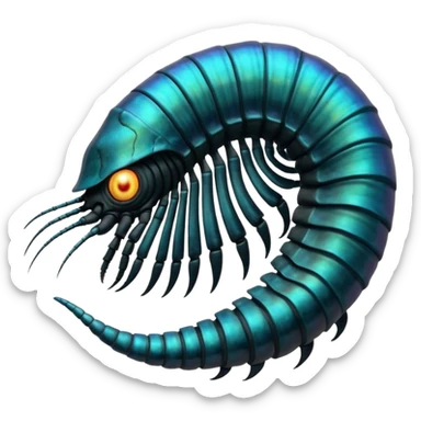 An iridescent, chitinous trilobite with glowing cyan eyes pulses rhythmically as a miniature black hole orbits its brow, distorting space-time. Its fractal-patterned exoskeleton shifts colors unsettlingly, and its mouth opens into a spiraling void that hums with forgotten whispers. sticker