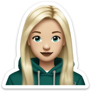 14 year old with long light blonde hair, middle part, chin length curtain bangs, smirking smile, dark teal eyes, long black eyelashes, wears a mulberry hoodie, black leggings, mulberry converse, black pearl earrings, wears a silver cancer sign necklace. sticker