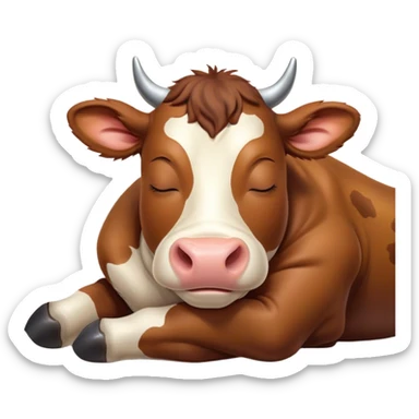 Meme-Worthy Cute Sleeping Brown Cow Portrait Emoji, Head resting peacefully with a contented smile, showcasing a robust build and a luxuriously soft deep brown hide, eyes shut in a serene, restful nap, Simplified yet hilariously adorable features, highly detailed, glowing with a soft, drowsy light, high shine, relaxed and utterly lovable, stylized with an air of playful laziness, bright and heartwarming, soft glowing outline, capturing the essence of a comically sleepy cow, so meme-worthy it feels like it could instantly become the next viral sensation of adorable slumber! sticker