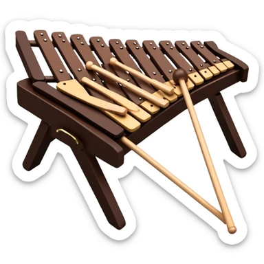 Create a detailed and professional emoji representing a Fleet FLT-SX37 orchestral wooden xylophone. The design should showcase the large, wooden bars of the xylophone arranged in a traditional layout, with a polished, smooth finish. The bars should be dark brown or mahogany, with soft metallic reflections on the resonators underneath. Include two mallets with rubber or wooden heads resting on the bars, emphasizing their role in striking the notes. The xylophone should have a sophisticated and professional appearance, with clean lines and a polished look. Add subtle musical notes or sound waves to represent the vibrant sound produced by the instrument. The background should be transparent. sticker