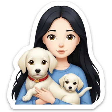 A beautiful girl with long black hair and fair skin is holding a white Labrador sticker