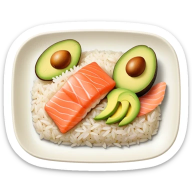 a biodegradable rectangular plate, contains rice, avocado, salmon sticker