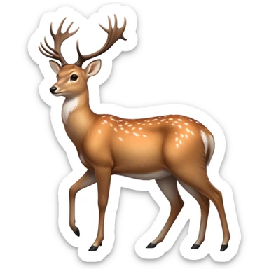 cinematic-noble [deer]-realistic-full-body-standing on all fours-emoji,-tail-tucked-close,-head-tilted-dramatically,-sleek-[fawn]-fur,-simplified-yet-realistic-focused-features,-highly-detailed,-glowing-with-an-almost-sarcastic-glow big antlers sticker