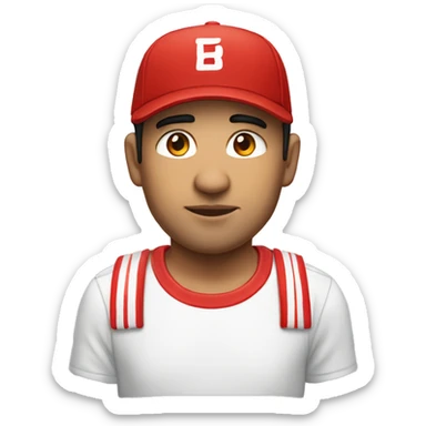 Man, male, young from about 30 to 40 years old, of Latin descent, with a t-shirt composed of red and white sticks vertically and a red cap sticker